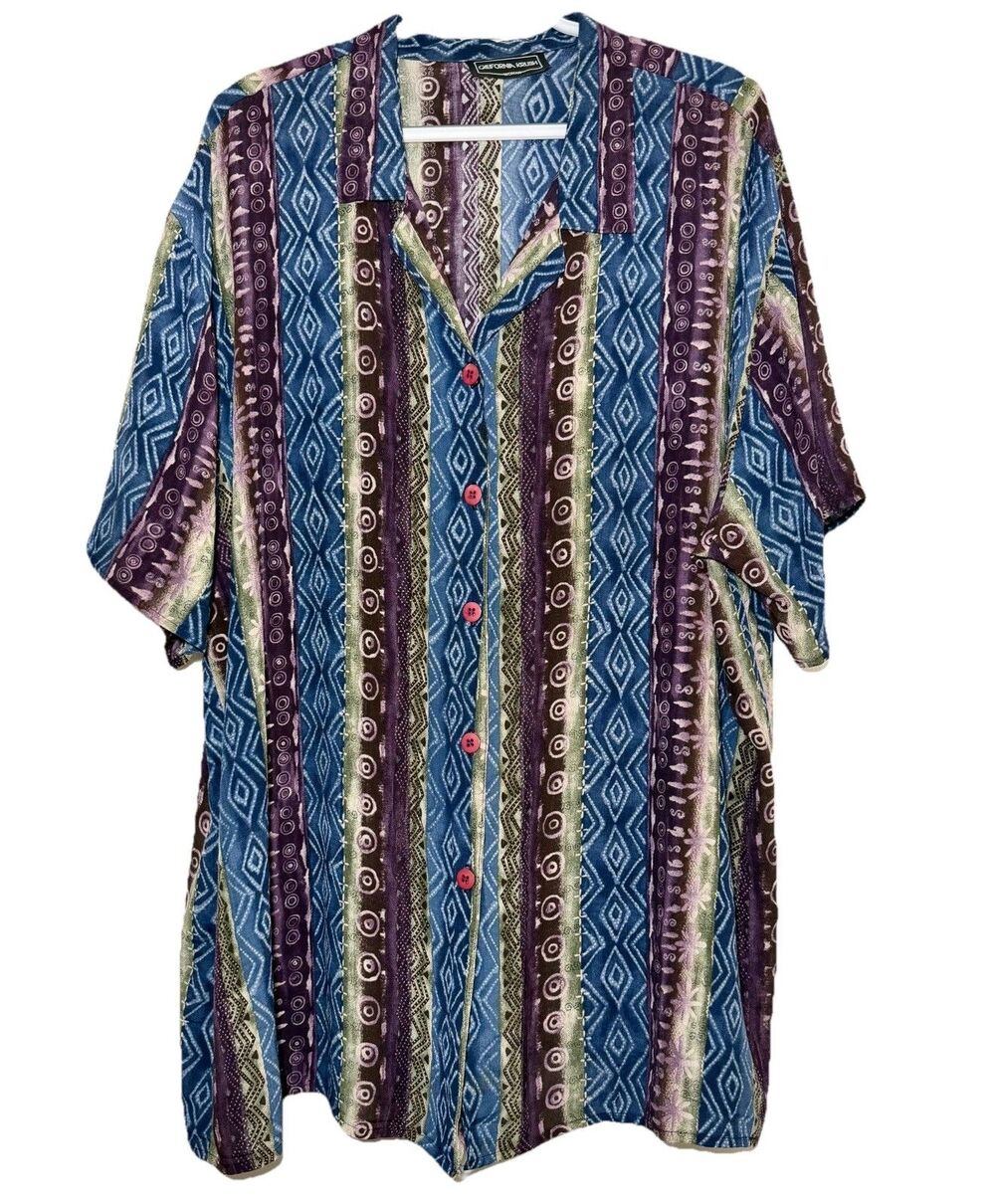 California Krush Woman Vintage Button Front Shirt Blue Purple Tribal Print Plus